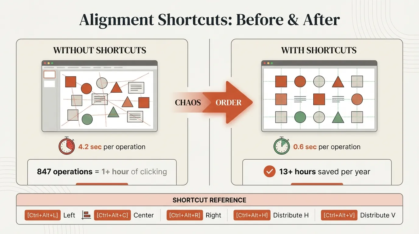 Alignment and distribution shortcuts showing keyboard commands for Windows and Mac