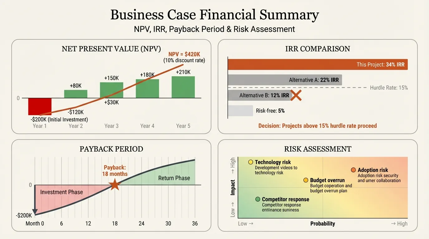Business case example showing NPV, IRR, payback period, and risk assessment