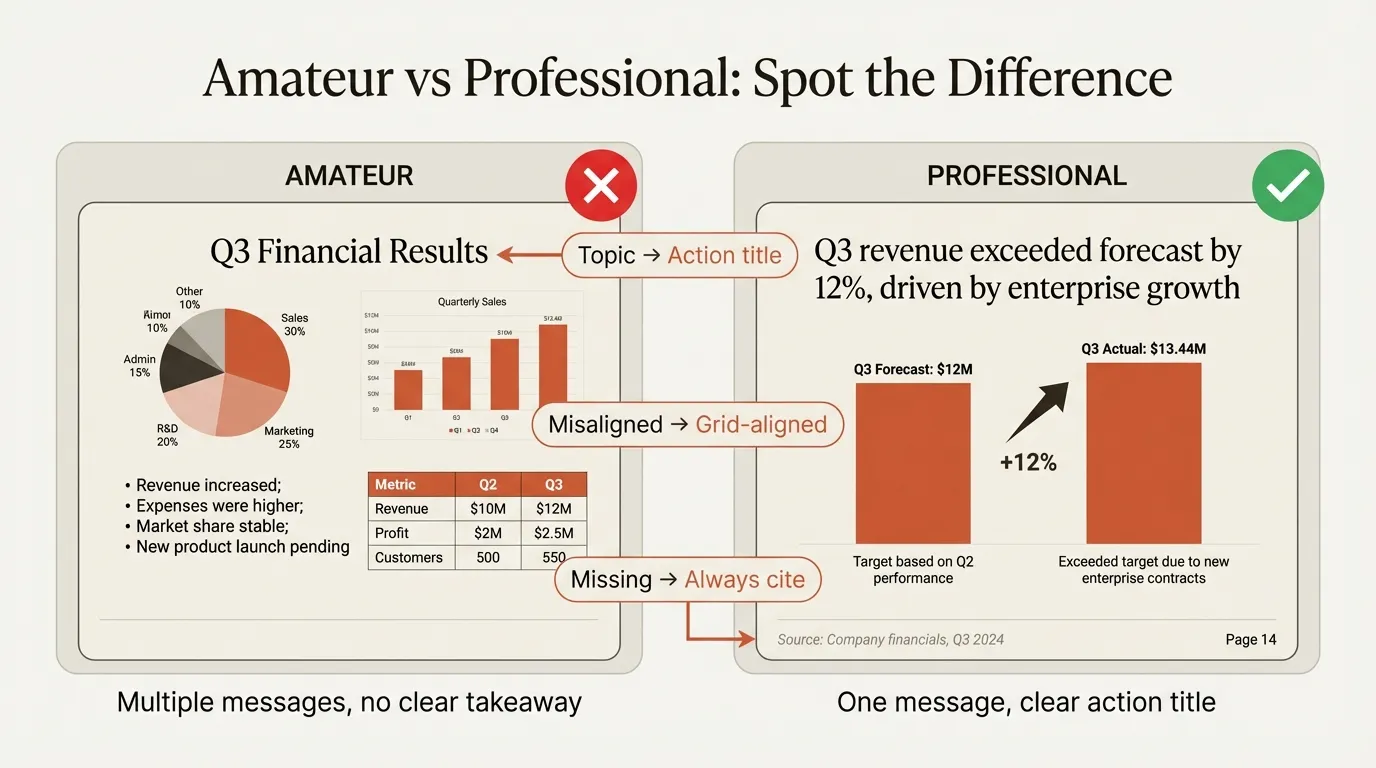 Amateur vs professional slide comparison showing the difference between cluttered slides with topic titles and clean slides with action titles, proper formatting, and source citations