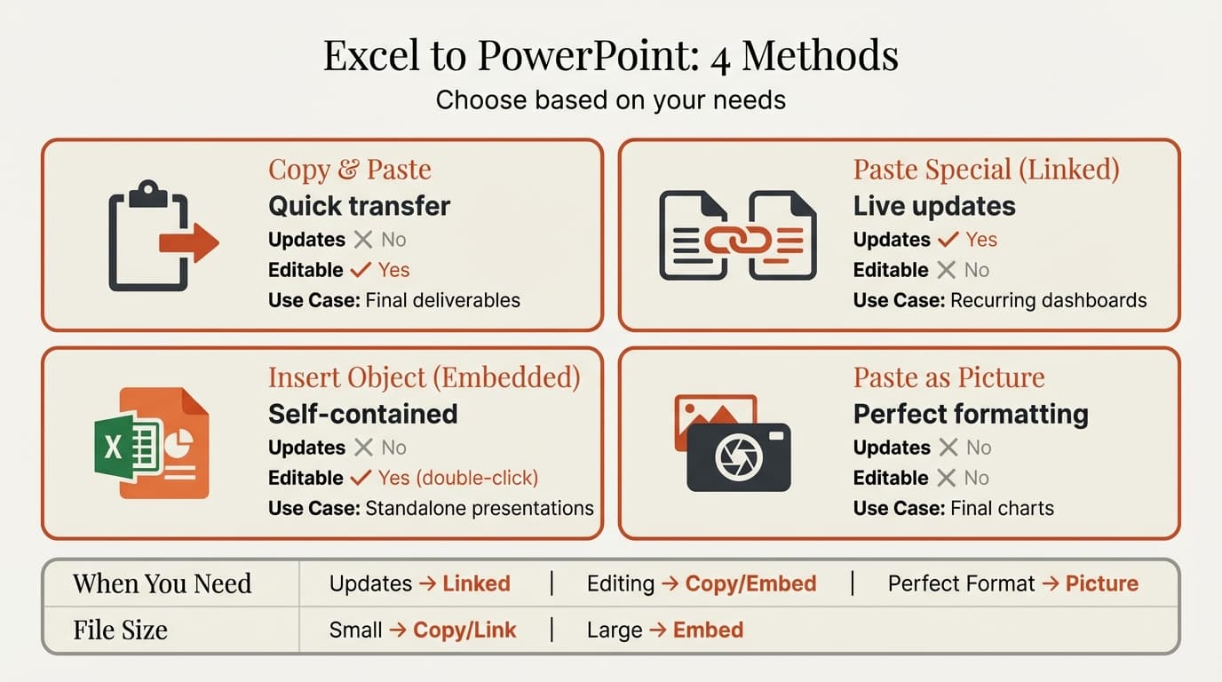 Excel to PowerPoint methods comparison infographic showing copy, link, embed, and picture paste options with use case recommendations