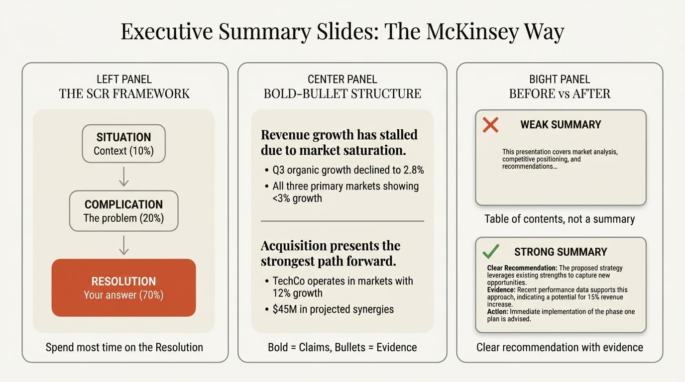 Executive summary slides - SCR framework, bold-bullet structure, before vs after
