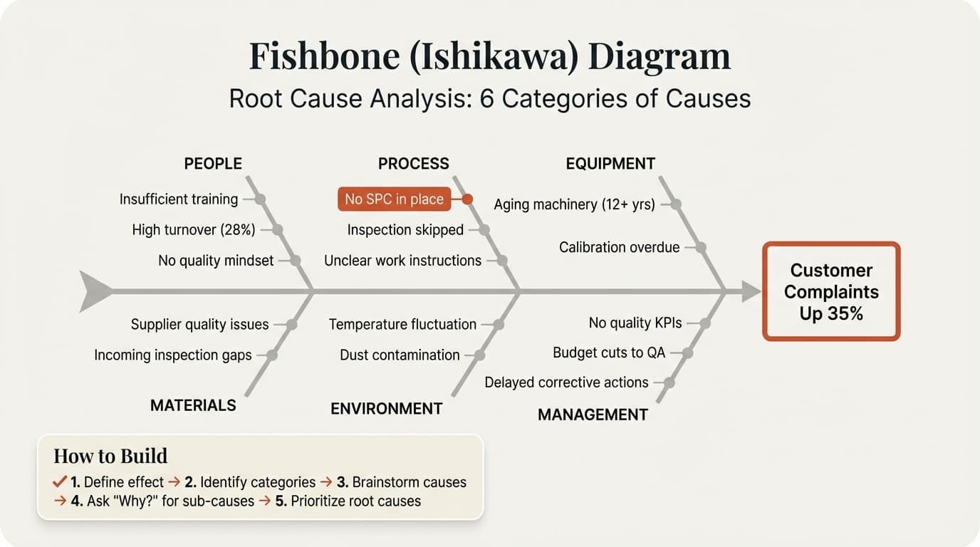Fishbone diagram example showing six cause categories and root cause analysis
