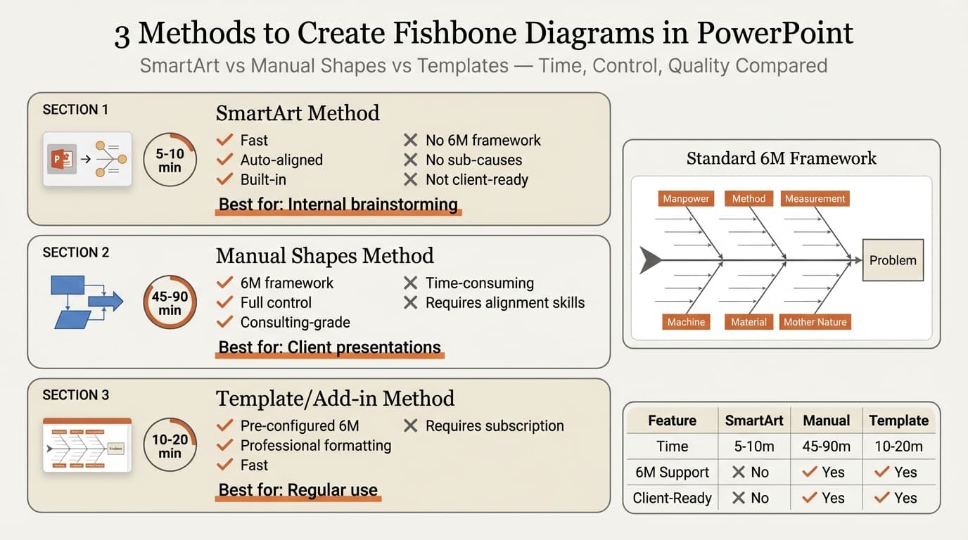 Fishbone diagram in PowerPoint showing three methods