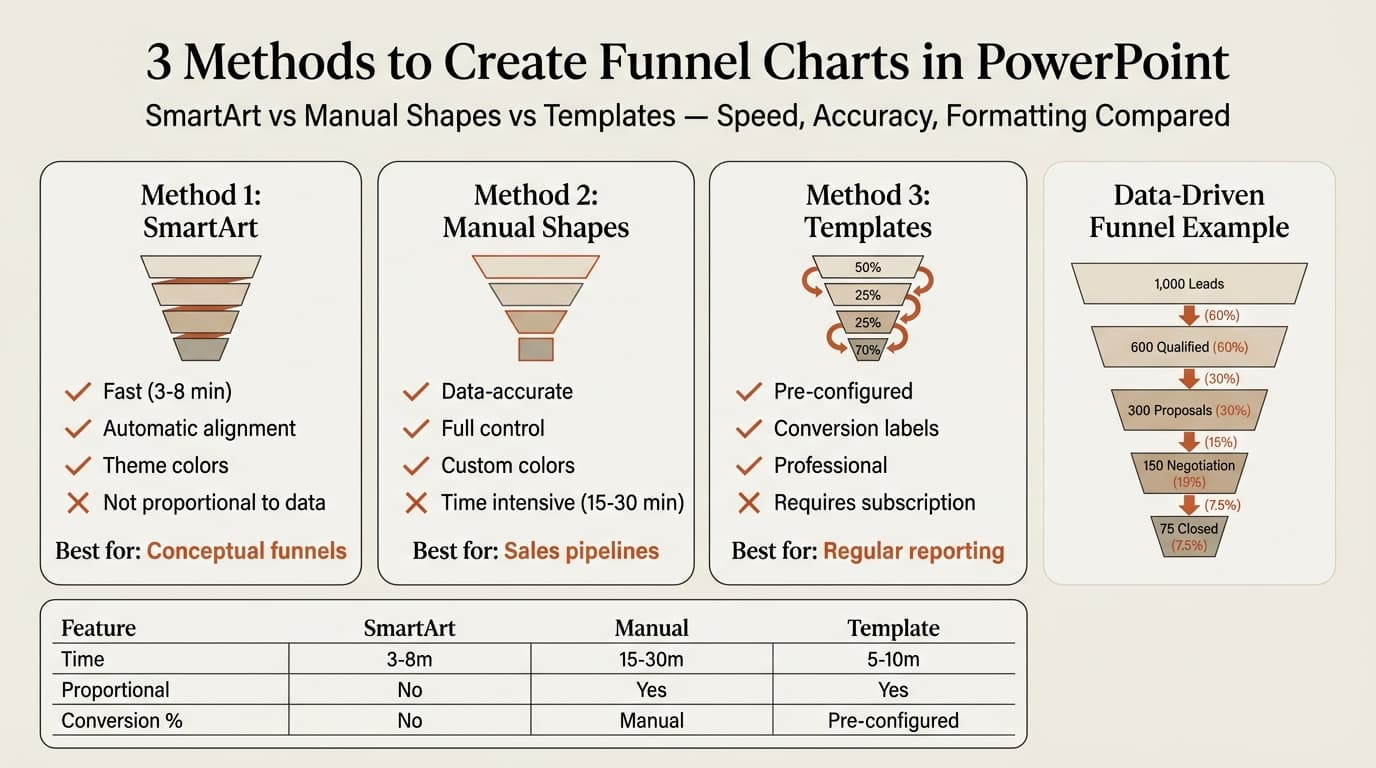 Funnel chart in PowerPoint showing three methods