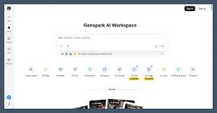 Genspark interface showing AI-powered presentation and workspace features