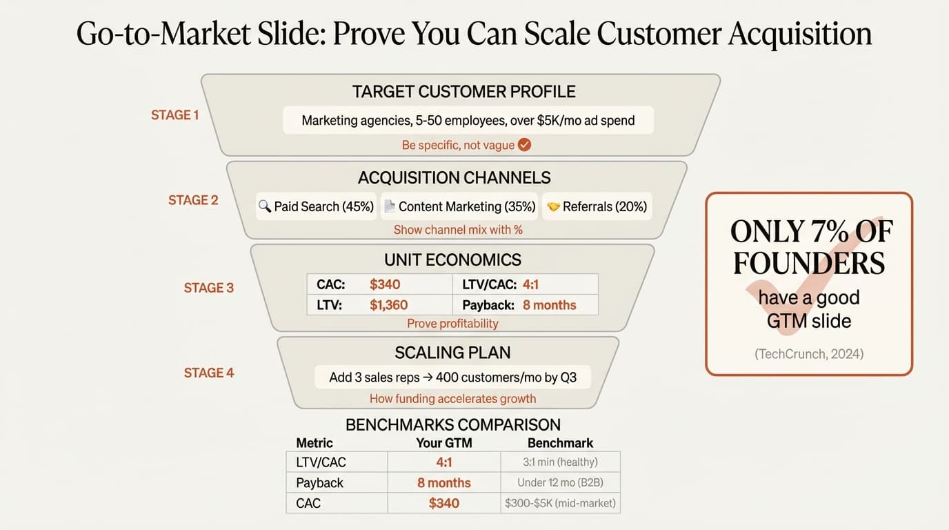 Go-to-market slide structure and acquisition metrics benchmarks