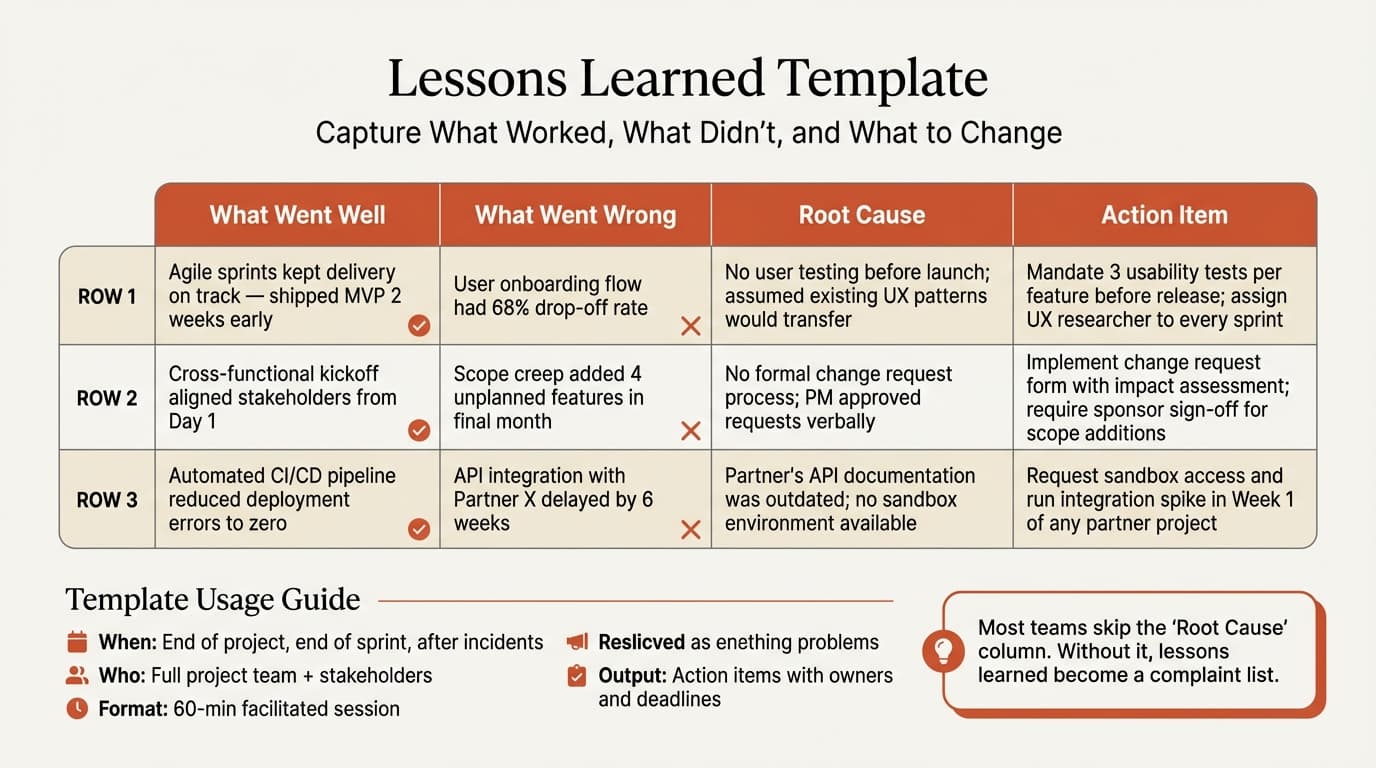 Lessons learned template with columns for what went well, what went wrong, and action items