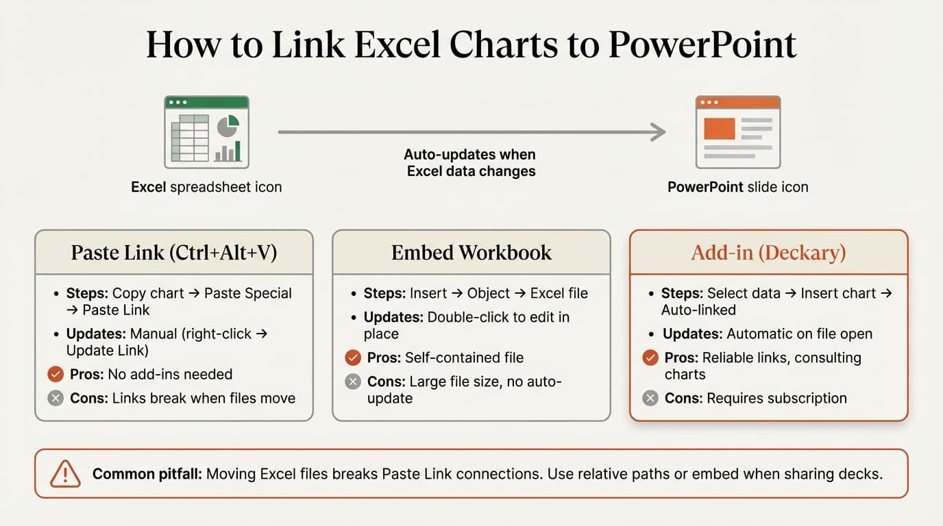 Three methods to link Excel charts to PowerPoint compared