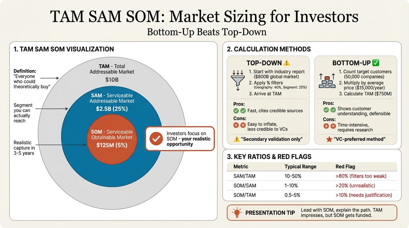 TAM SAM SOM market sizing - visualization, calculation methods, and key ratios