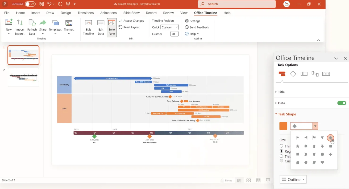 Office Timeline Gantt chart creation in PowerPoint
