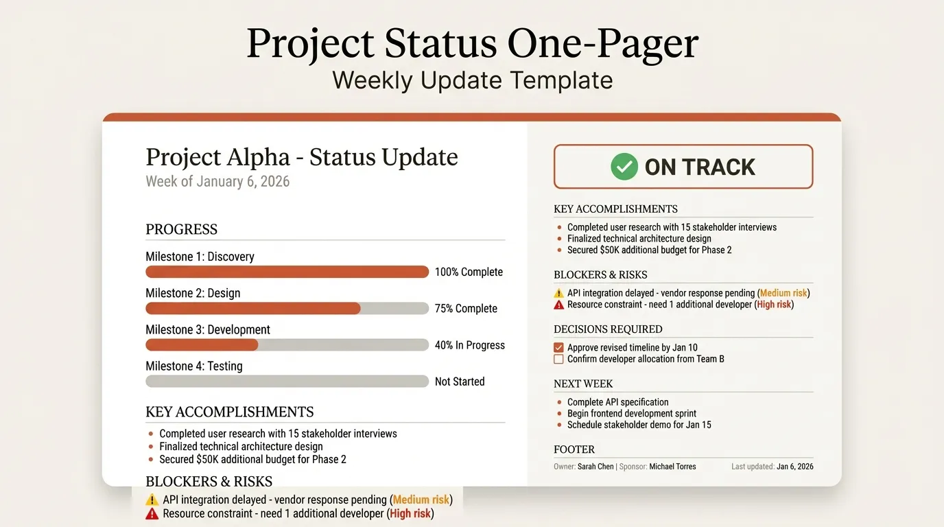 Project status one-pager - weekly update template with milestones and blockers