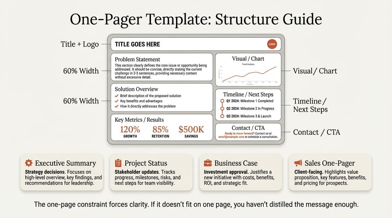 One-pager template structure guide with layout and format types
