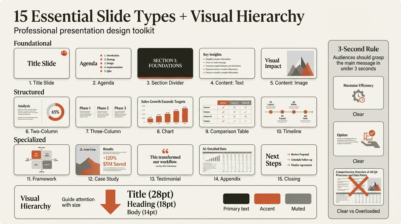 Presentation design guide infographic showing 15 slide types and visual hierarchy principles