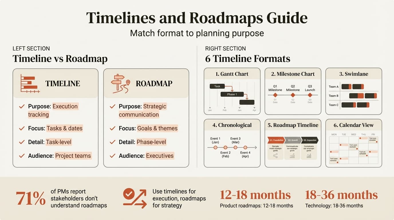 Timelines and roadmaps guide infographic showing Gantt charts, milestone timelines, swimlane diagrams, and roadmap formats