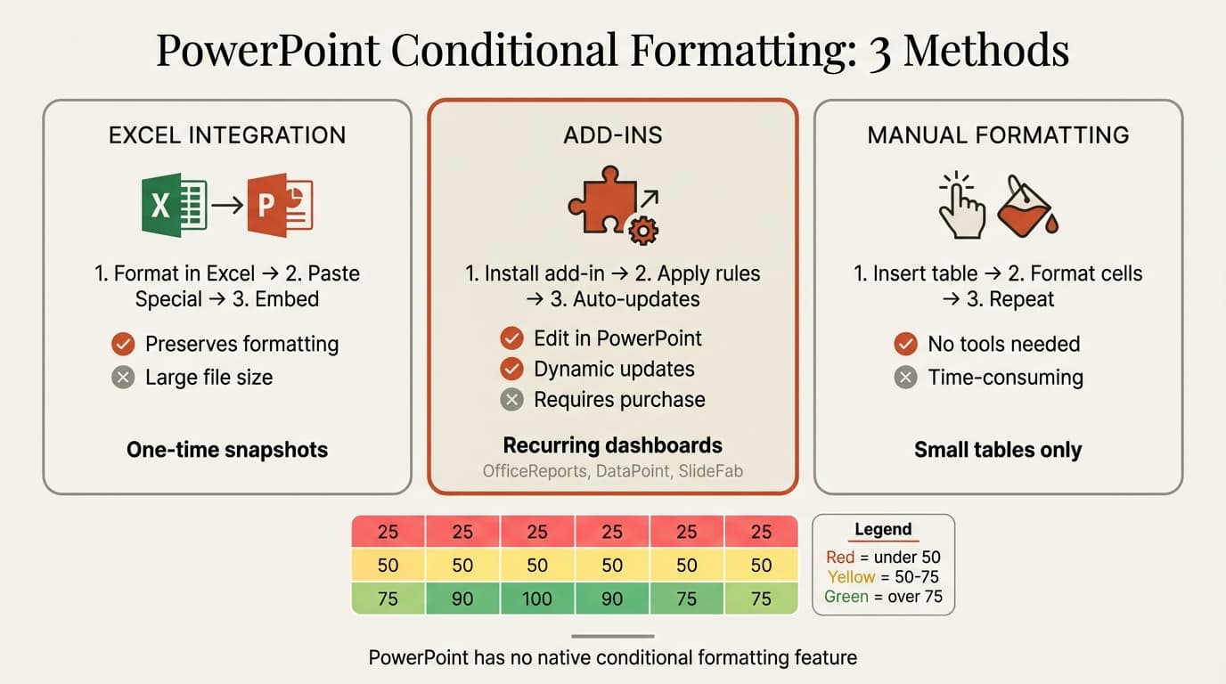 PowerPoint conditional formatting infographic showing Excel table with color scales pasted into PowerPoint, add-in interface, and manual heatmap example