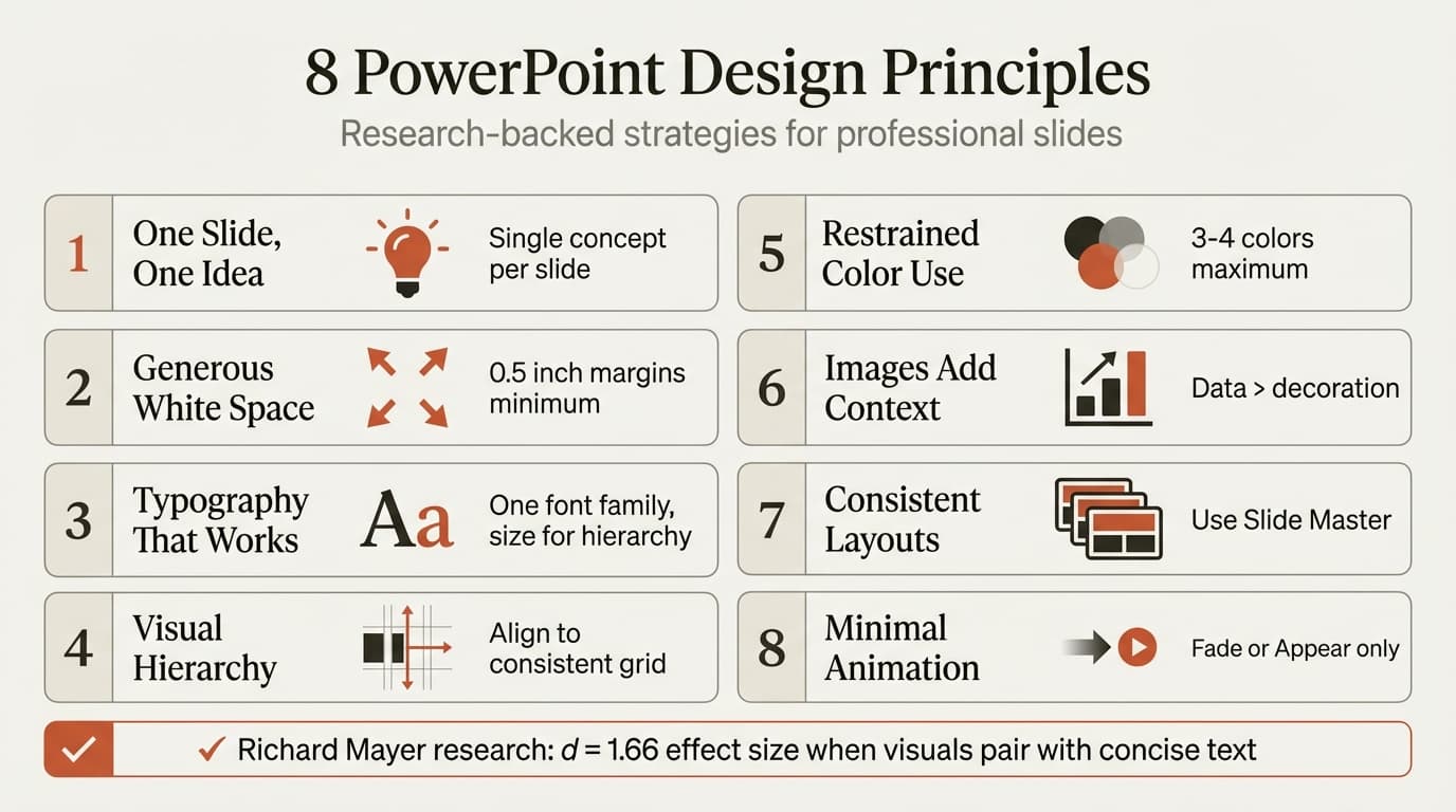 PowerPoint design ideas infographic showing the 8 core design principles and visual hierarchy rules