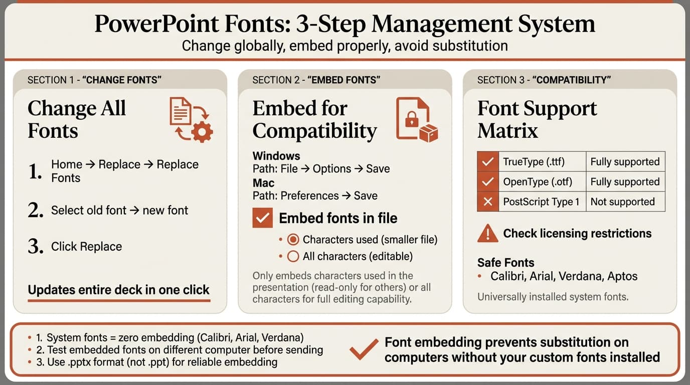 PowerPoint fonts guide infographic showing font change methods, embedding steps, and compatibility checklist