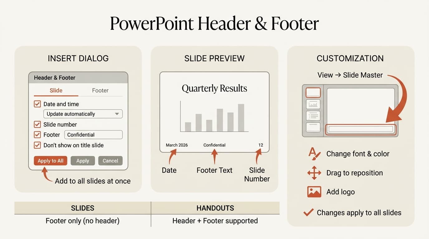 PowerPoint header and footer infographic showing Insert menu dialog, slide footer vs handout header options, and Slide Master customization