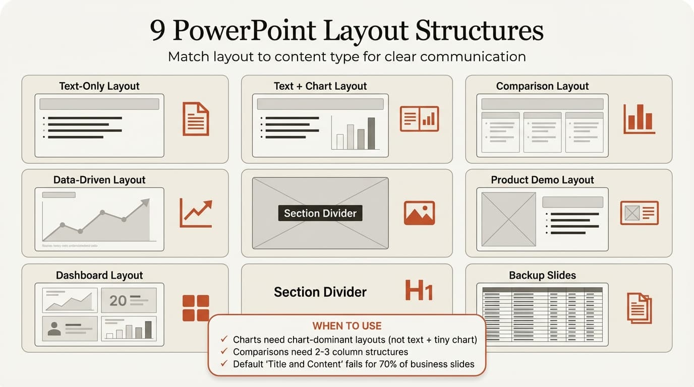 PowerPoint layout ideas infographic showing 9 layout structures and when to use each