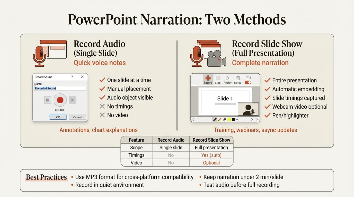 PowerPoint narration infographic showing Record Audio for single slides versus Record Slide Show for full presentation capture