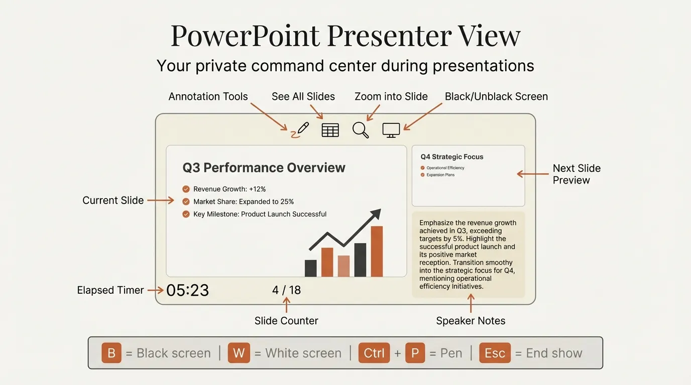PowerPoint Presenter View infographic showing the layout with current slide, next slide preview, speaker notes, and toolbar controls