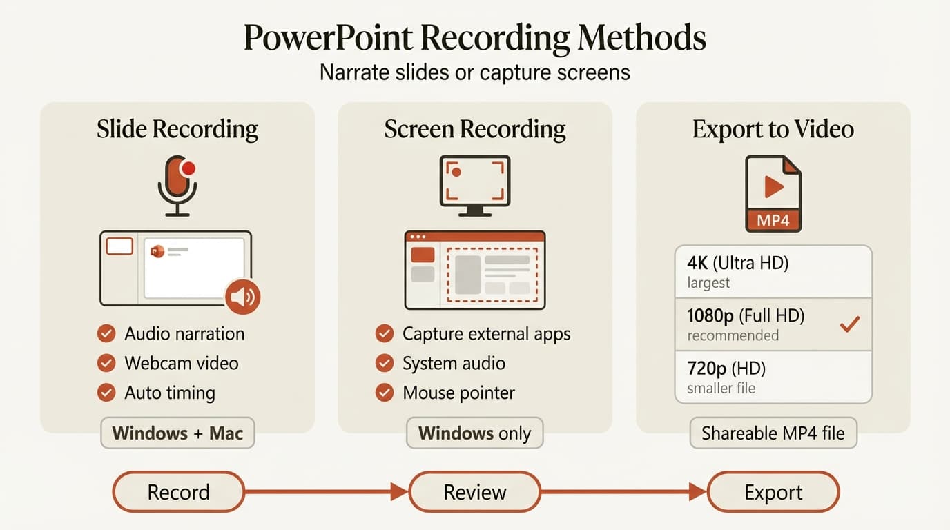 PowerPoint recording infographic showing slide recording, screen recording, and export to video workflow