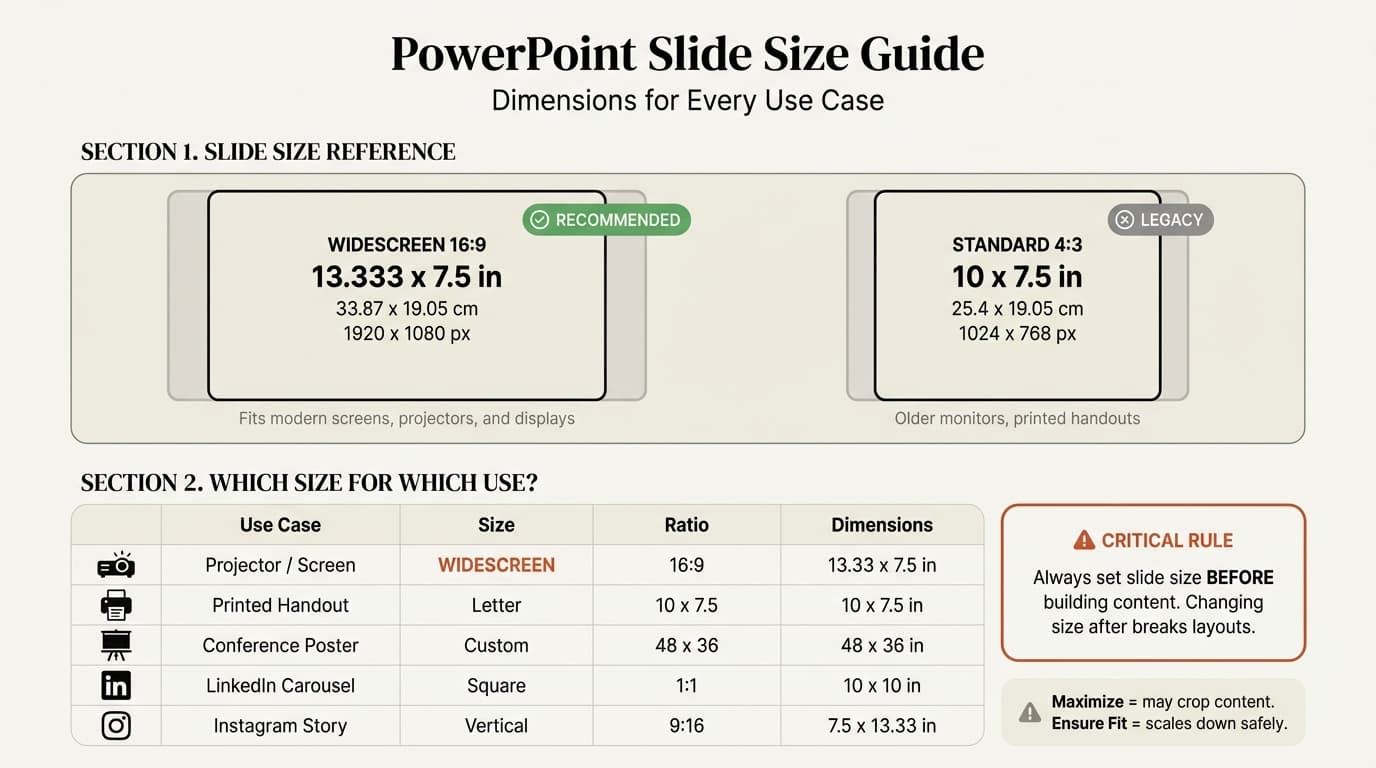 PowerPoint slide size reference infographic showing dimensions for widescreen, standard, poster, and social media in inches, cm, and pixels