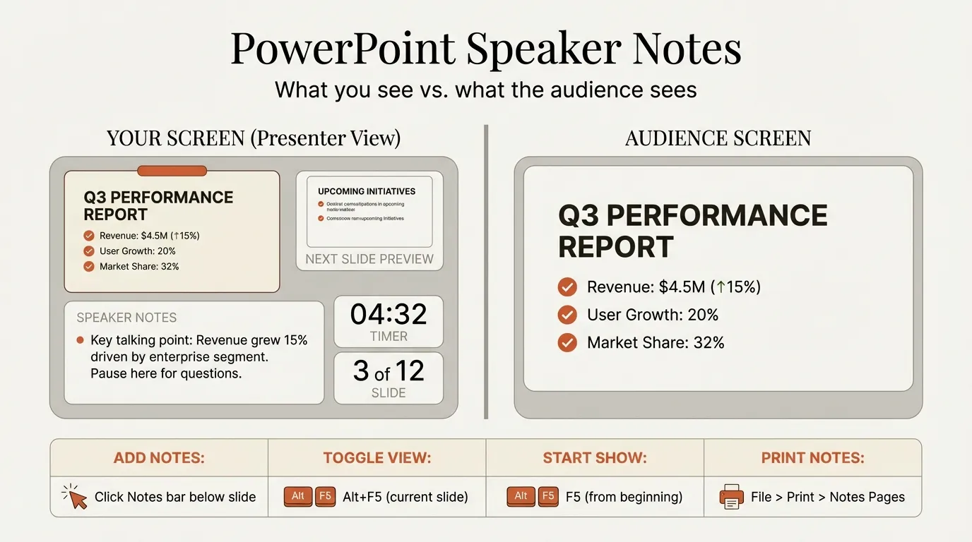 PowerPoint speaker notes infographic showing Presenter View layout with notes panel, current slide, and next slide preview