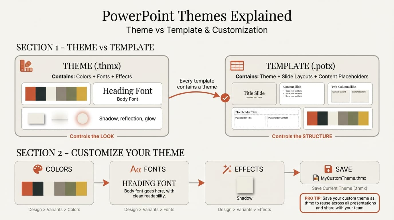 PowerPoint themes infographic showing theme vs template comparison and 4-step customization process for colors, fonts, effects, and saving