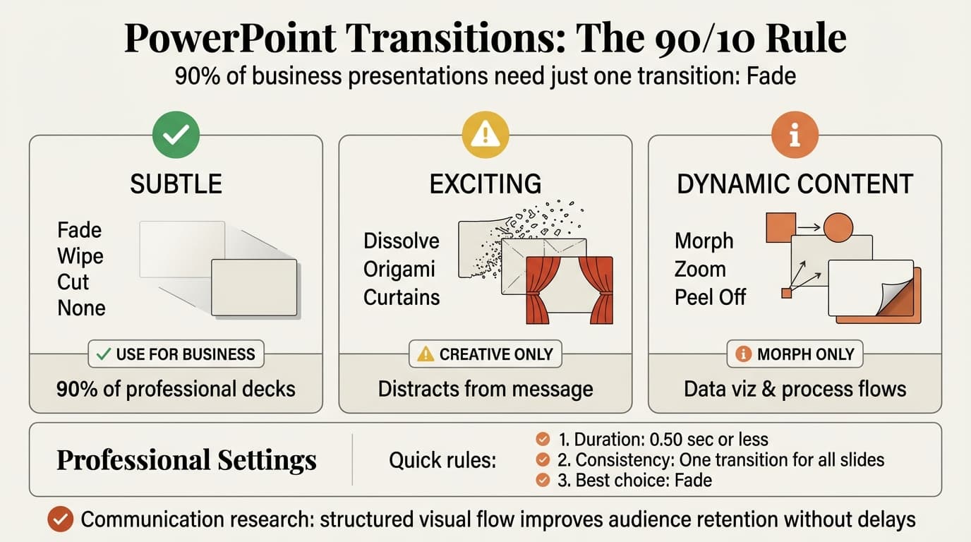 PowerPoint transitions infographic showing the 3 transition categories and the 90/10 rule for professional use