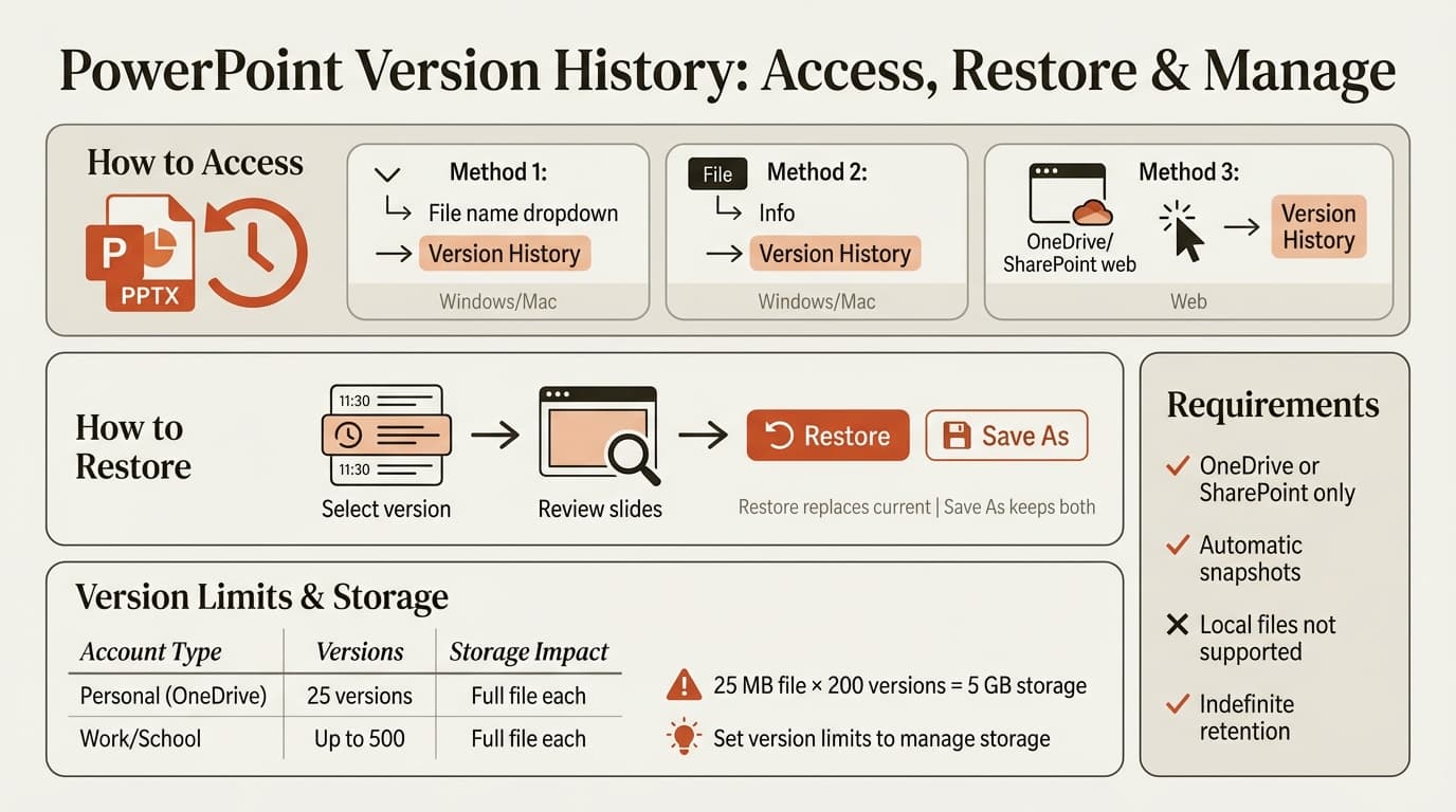 PowerPoint version history infographic showing how to access, restore, and manage versions in OneDrive and SharePoint