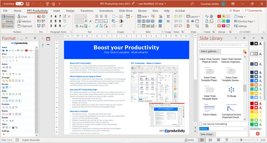 PPT Productivity toolbar with MBB-style formatting shortcuts