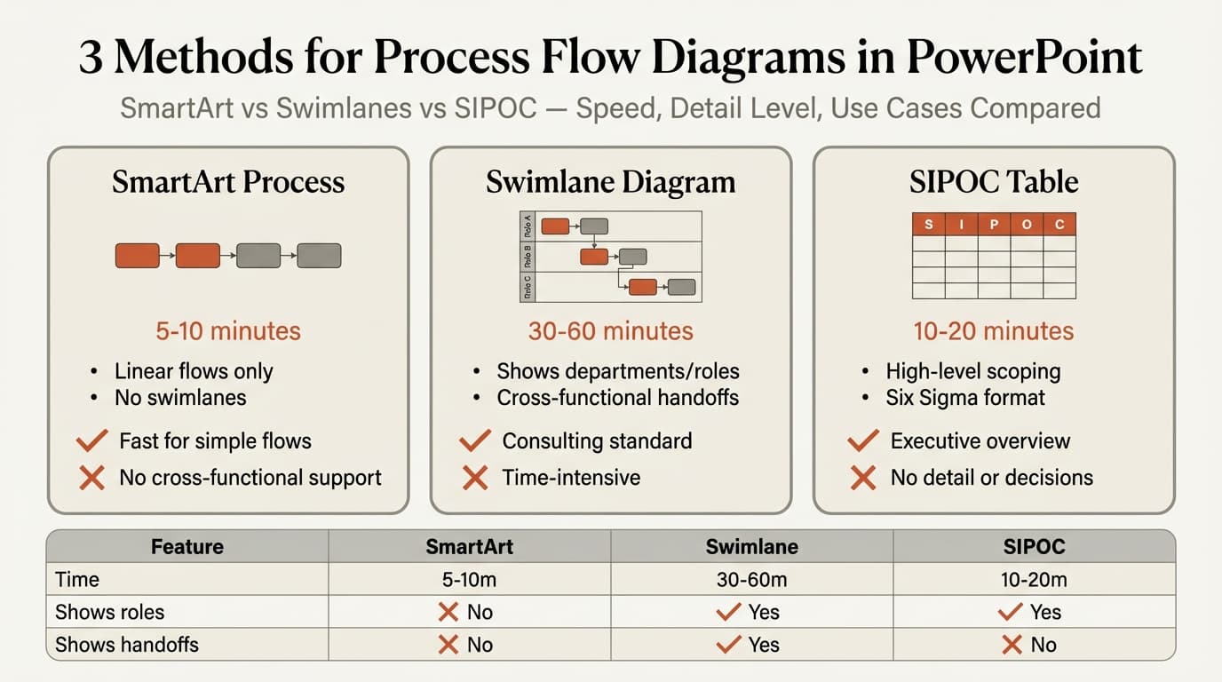 Process flow diagram in PowerPoint showing three methods