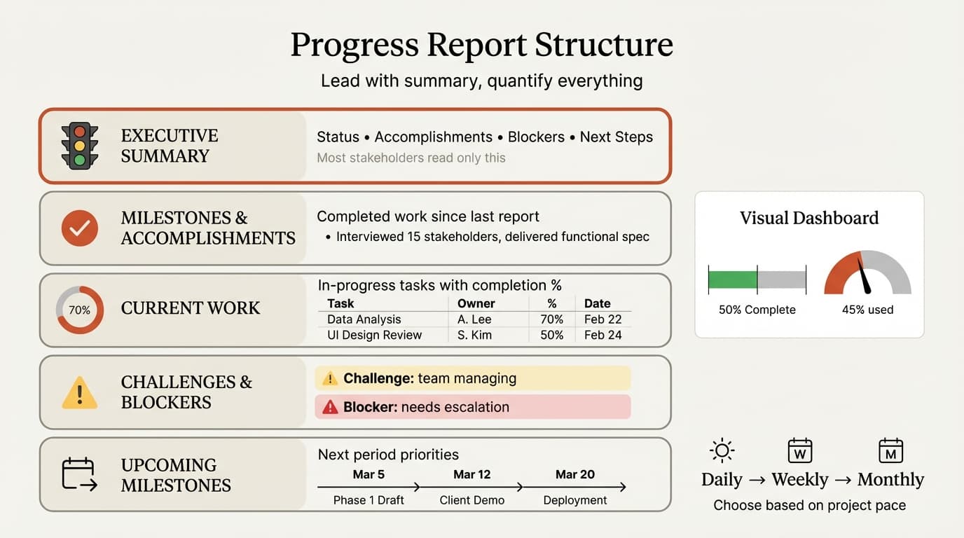 Progress report template showing executive summary, milestone tracking, and visual dashboard with budget and timeline progress