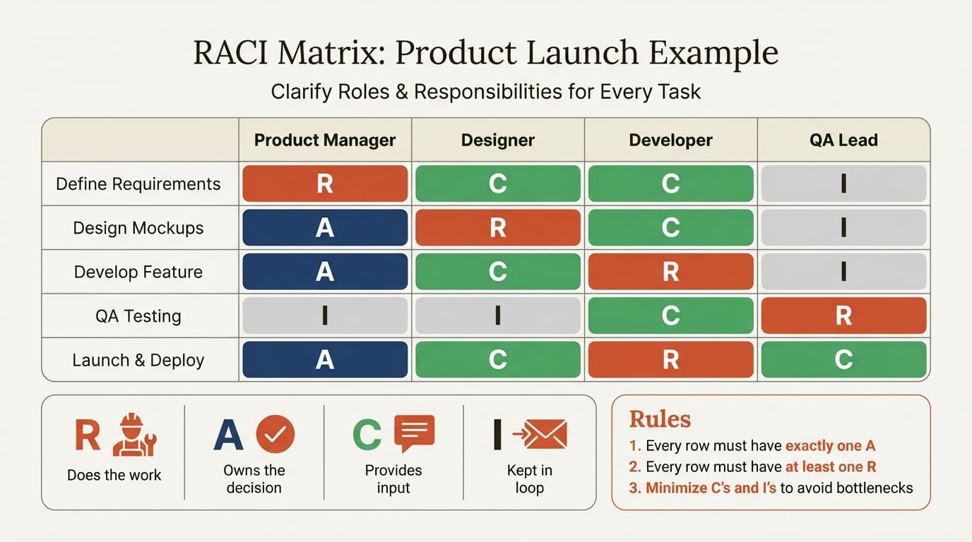RACI matrix example showing roles and responsibilities across project tasks