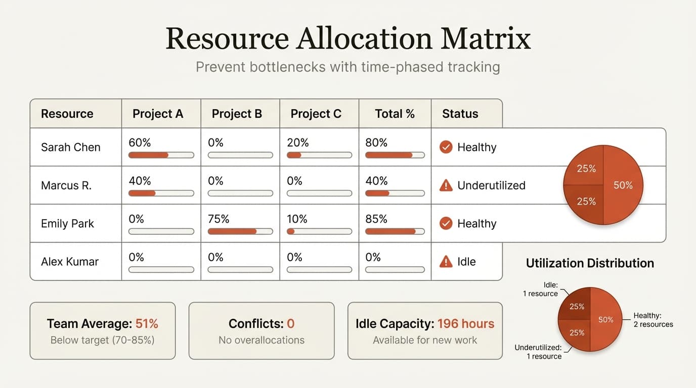 Resource allocation template showing assignment matrix, utilization tracking, and conflict identification with visual capacity dashboard