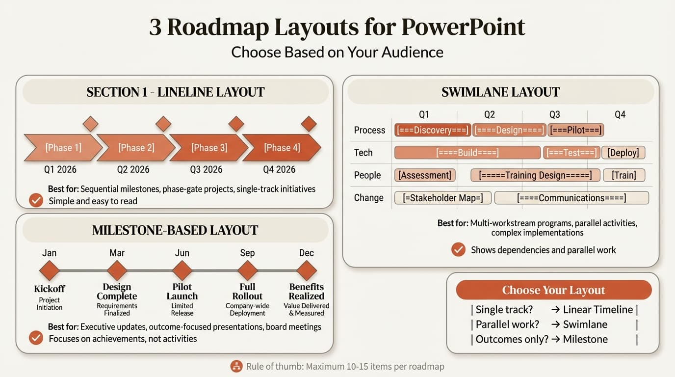 Roadmap slide infographic showing different timeline layout options