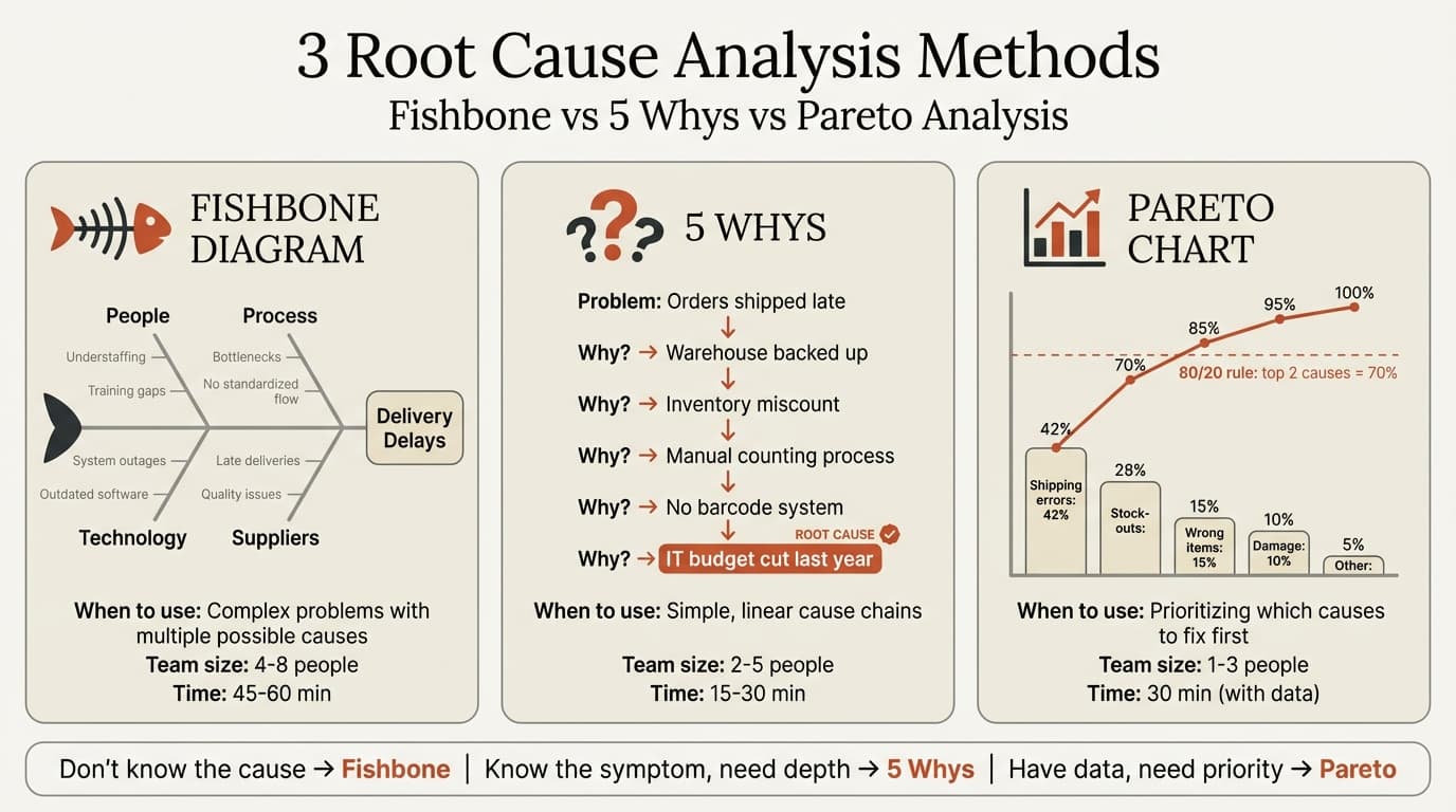 Root cause analysis examples showing fishbone diagram, 5 Whys, and Pareto chart methods
