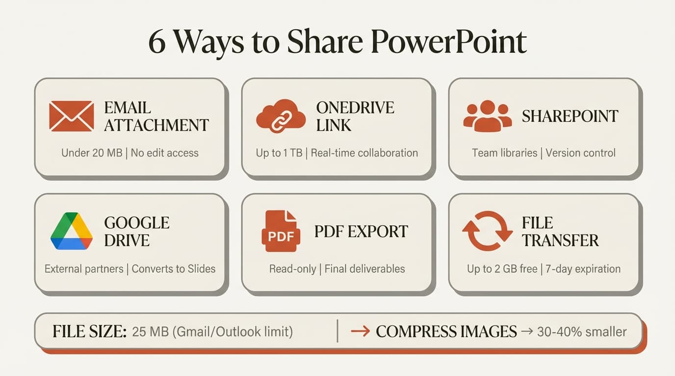 Share PowerPoint infographic showing email attachment, OneDrive link sharing, SharePoint permissions, and file size compression methods
