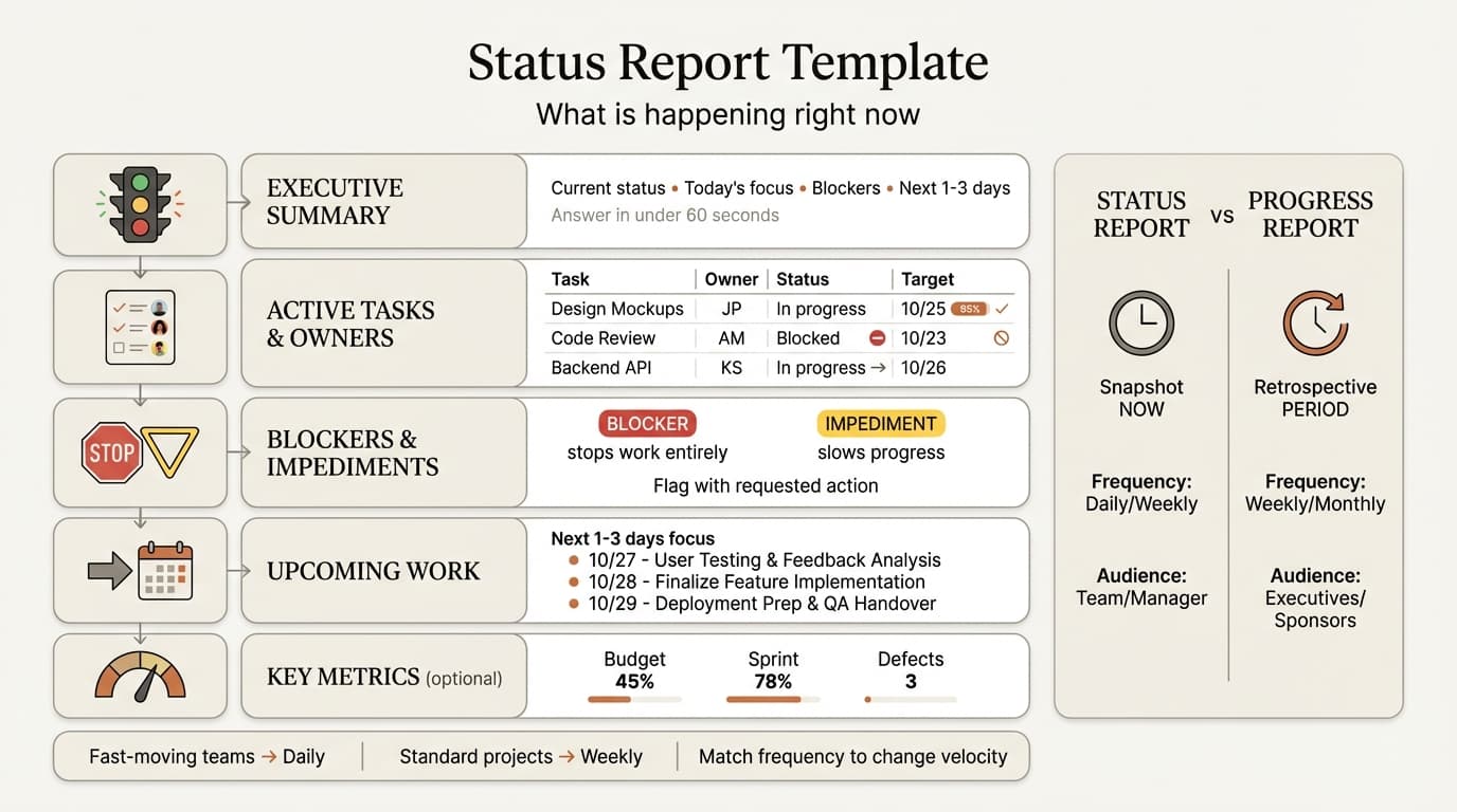Status report template showing current project status, active tasks, and blocker tracking with visual indicators