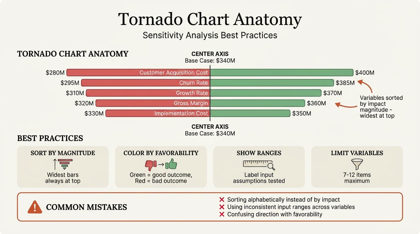 Tornado chart anatomy - sensitivity analysis best practices and common mistakes