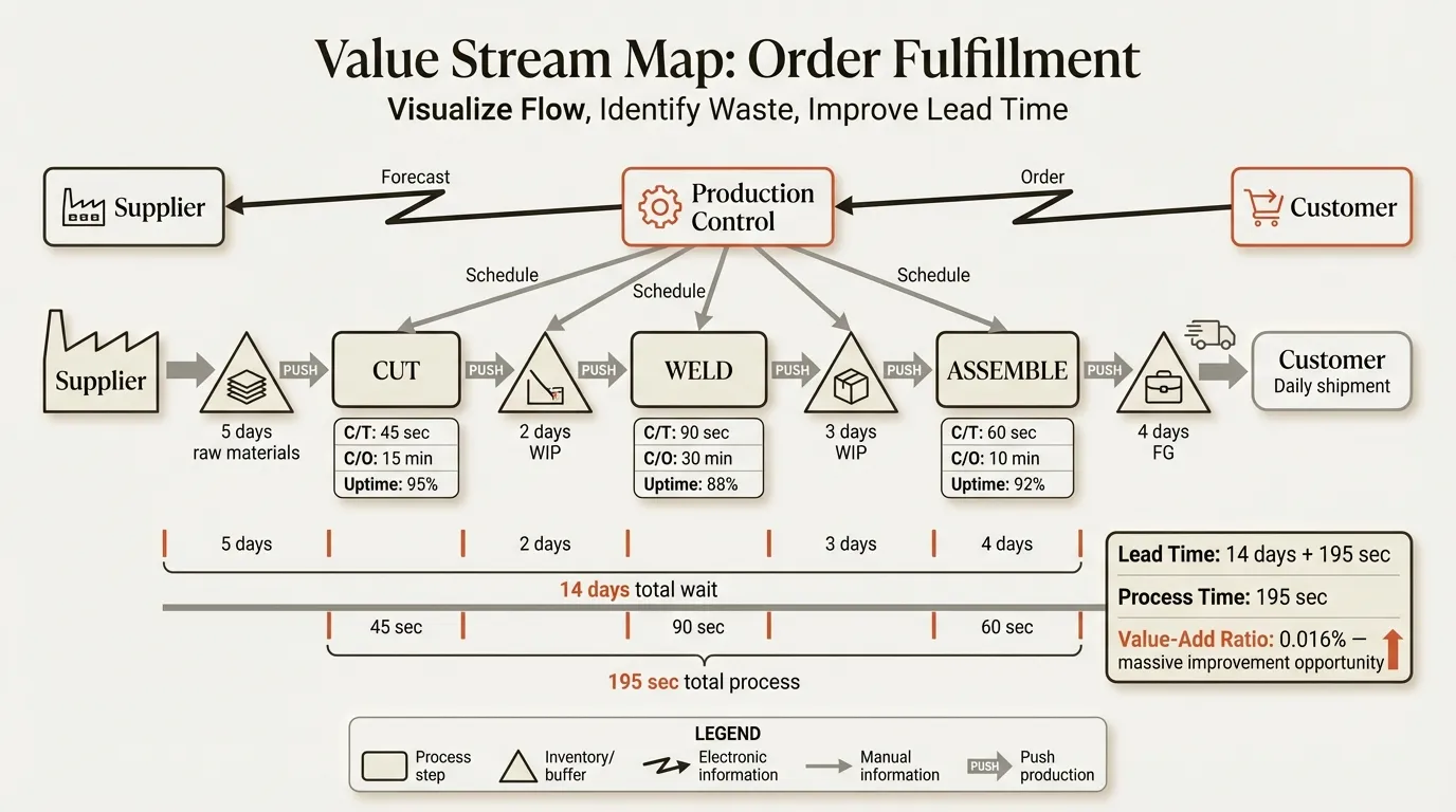 Value stream mapping showing process flow with cycle times, inventory, and lead time