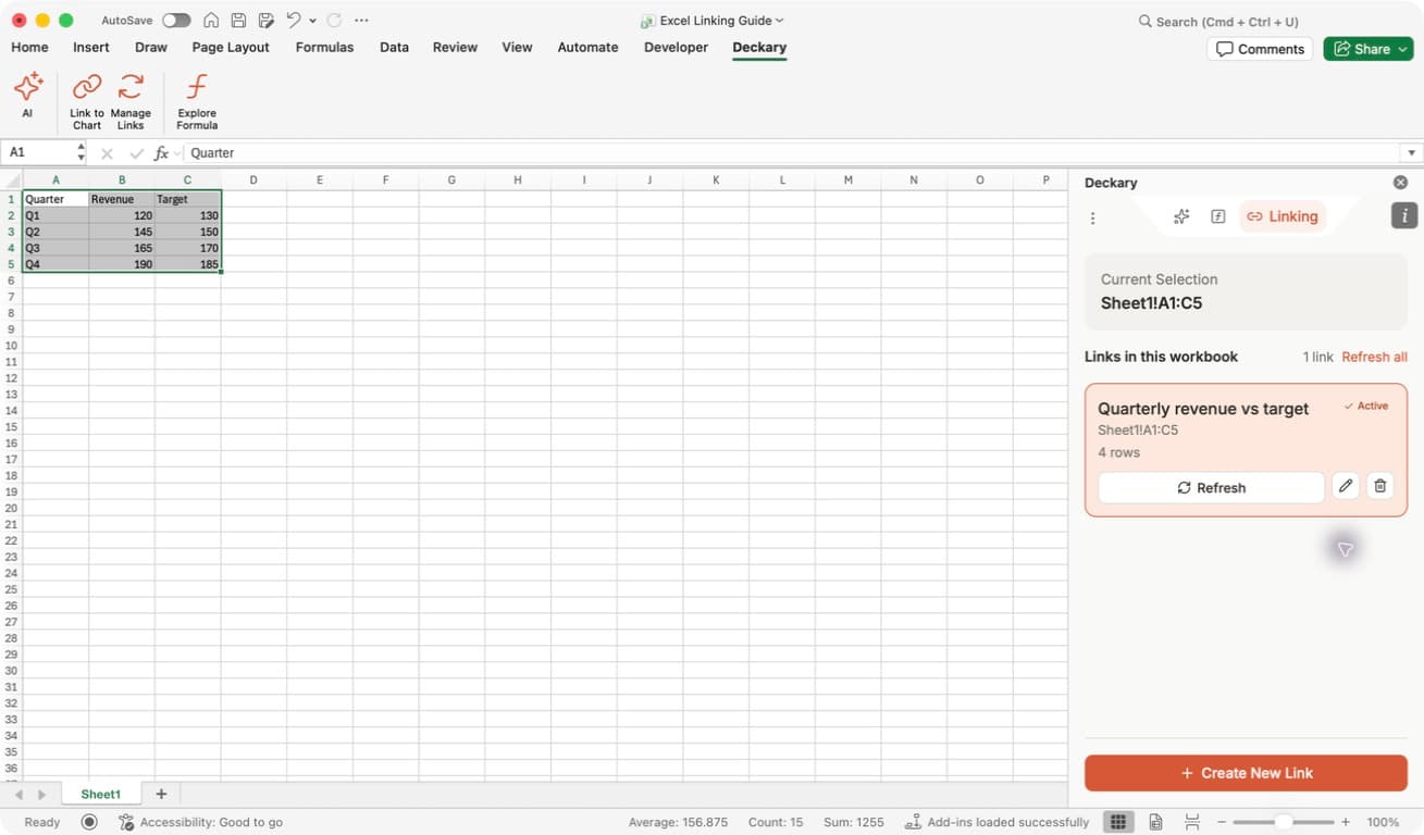 Excel Linking pane with the named Quarterly revenue vs target source, its saved range, Refresh, rename and delete controls.