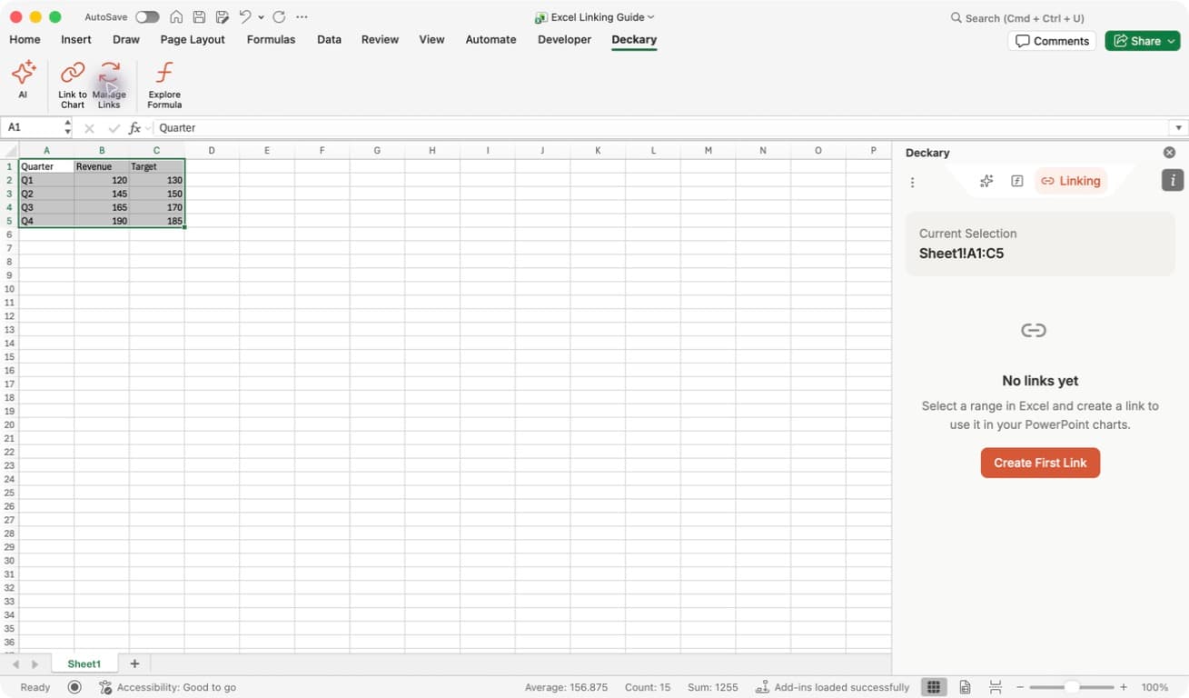 Excel with the Deckary tab selected, range A1:C5 highlighted, and the Linking pane showing Current Selection and Create First Link.