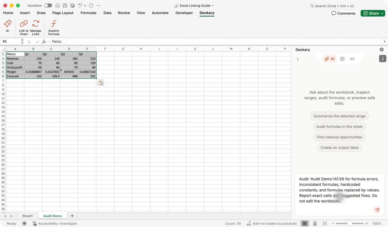 Excel's AI pane with a bounded request naming the Audit Demo worksheet and A1:E6 range.