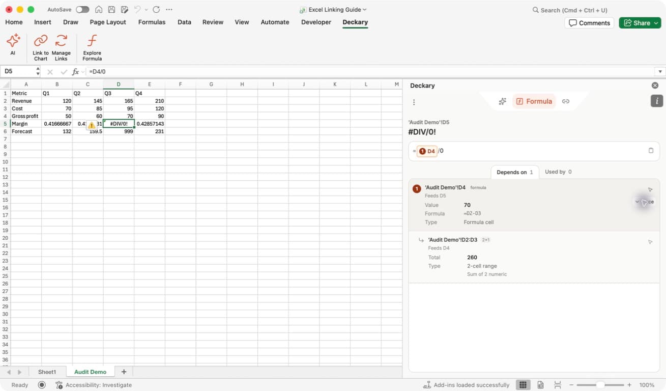 Formula Explorer shows Audit Demo D5, its DIV/0 result and D4 divided by zero formula, with D4 expanded to its D2:D3 inputs.
