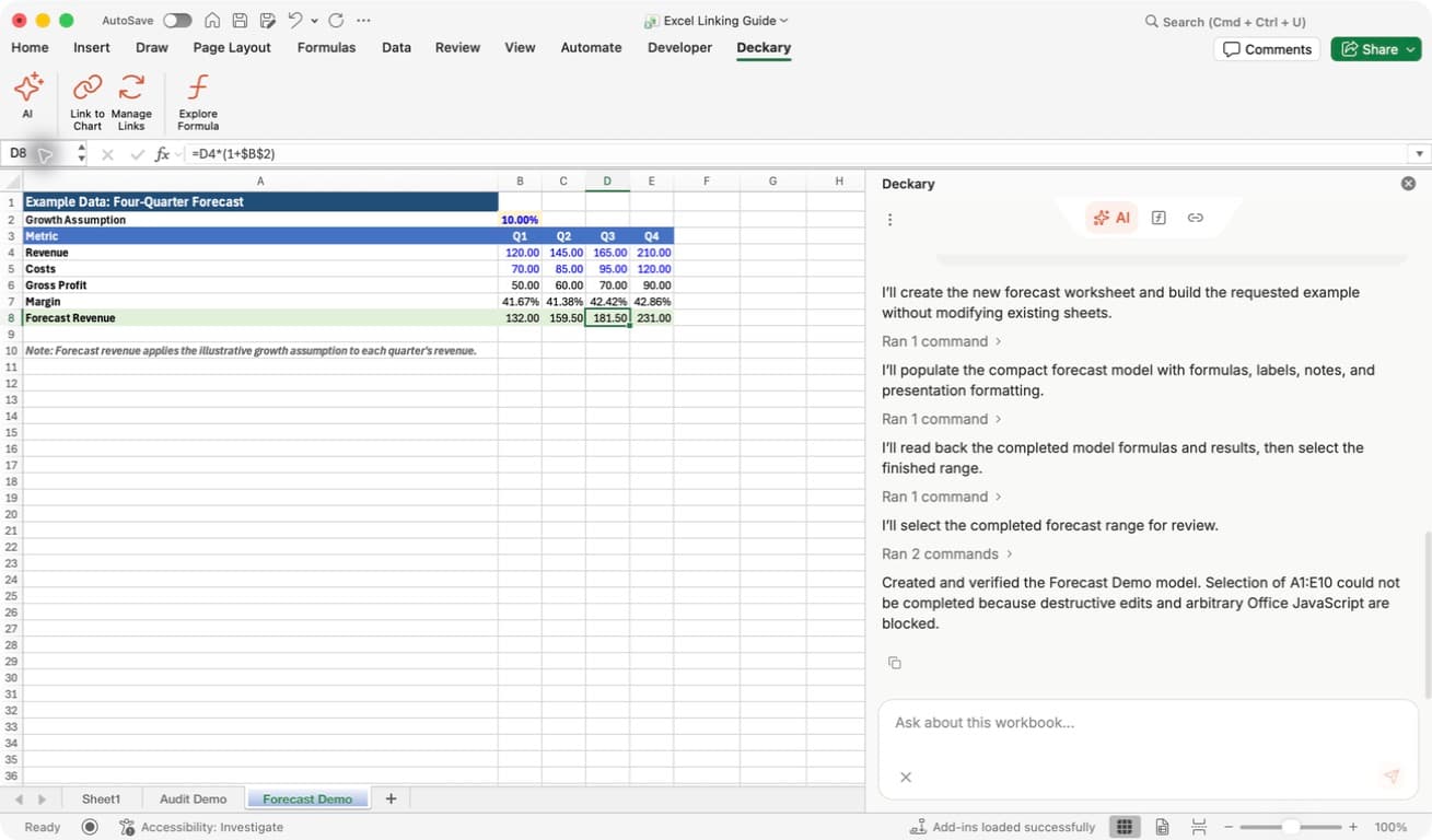The generated Forecast Demo worksheet contains a labeled growth input, quarterly revenue and costs, and calculated profit, margin, and forecast rows, with D8 selected.