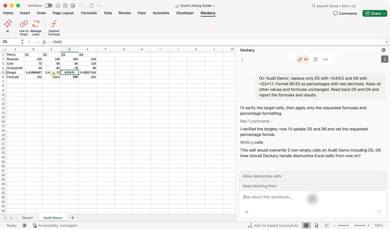 Excel AI identifies that a proposed correction would overwrite D5 and D6 and asks whether destructive edits should be allowed or remain blocked.