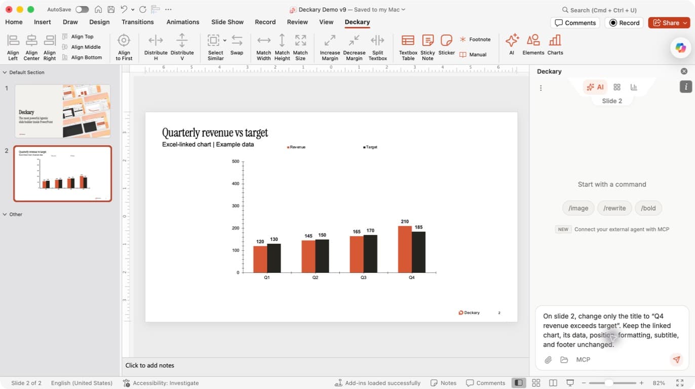 PowerPoint AI pane showing slide 2 and a request to change only its title while preserving the linked chart and other content.