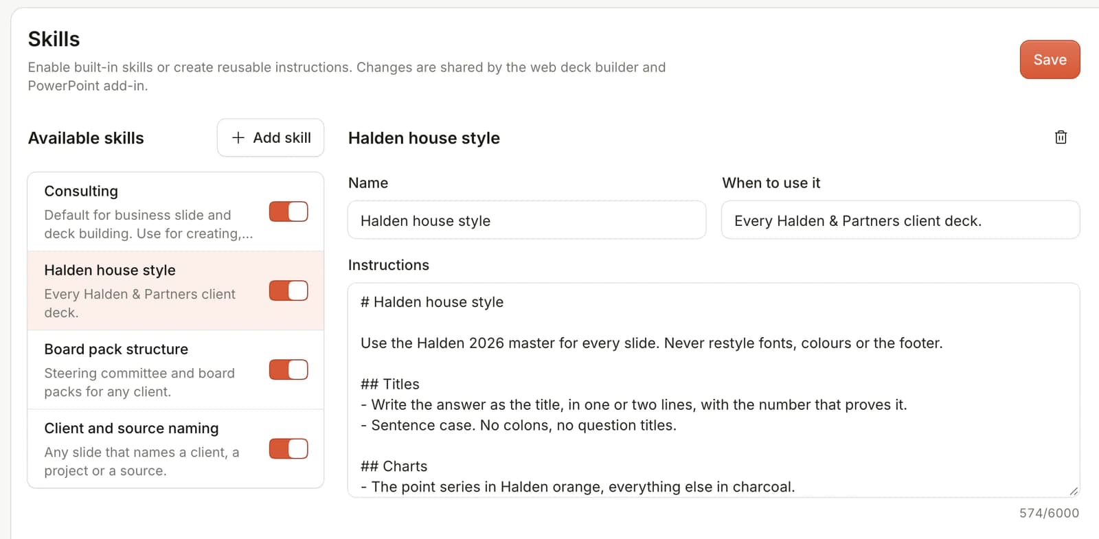 Deckary's skills manager with three firm skills switched on: Halden house style, Board pack structure, and Client and source naming